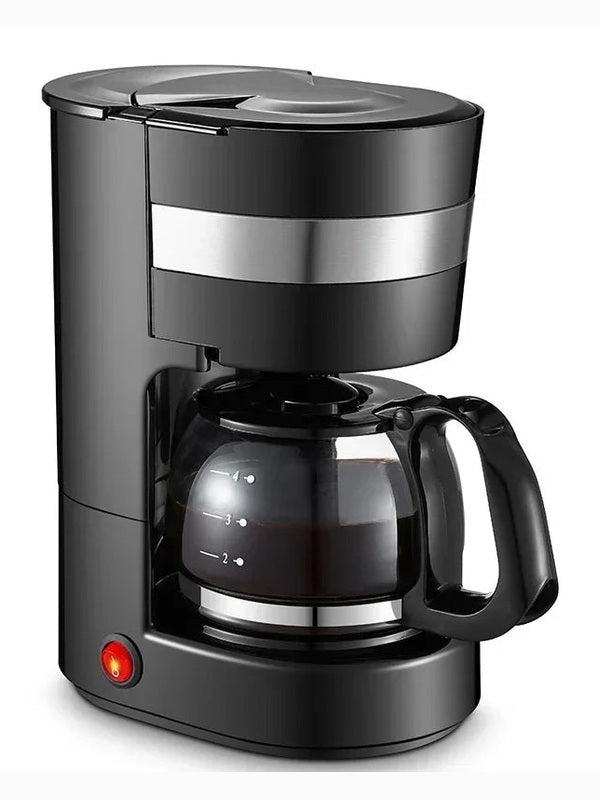 Black automatic drip coffee maker with glass carafe and red power light