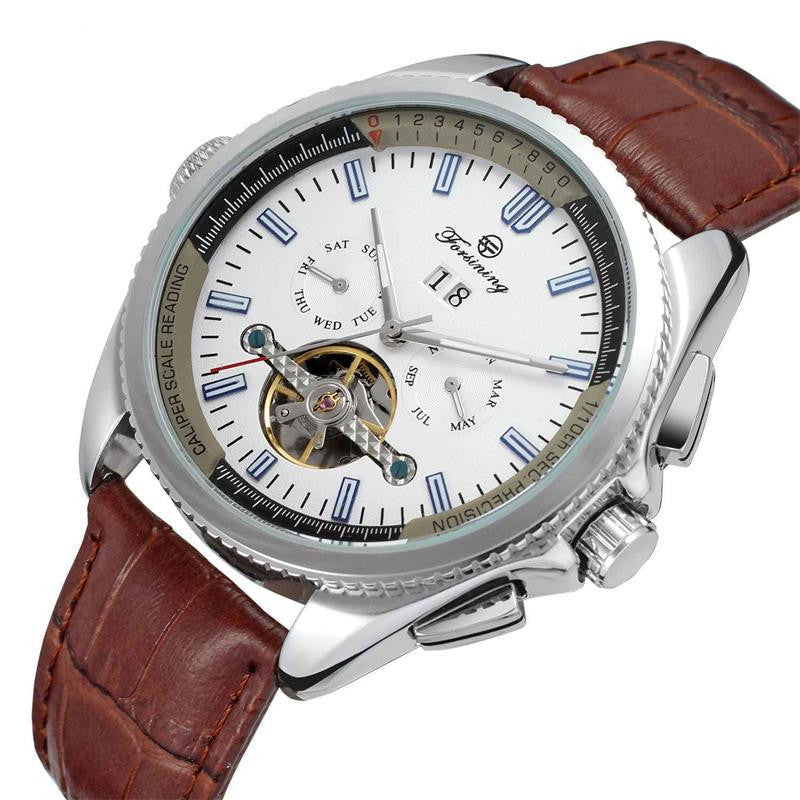 Automatic mechanical wristwatch with brown leather strap, silver case and white dial