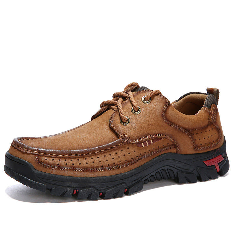 Men's cowhide leather lace-up shoes, medium brown with tan laces and perforated vamp