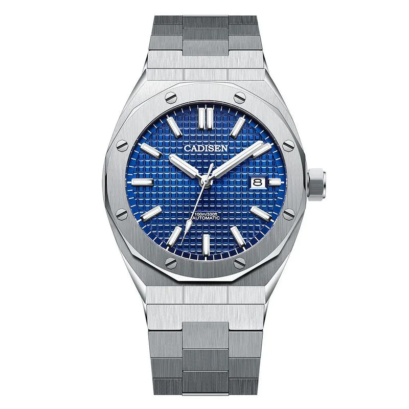 Stainless steel automatic mechanical watch with bright blue grid dial and metal bracelet.