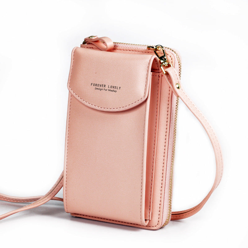 Peach PU leather crossbody wallet bag with front flap and side zipper