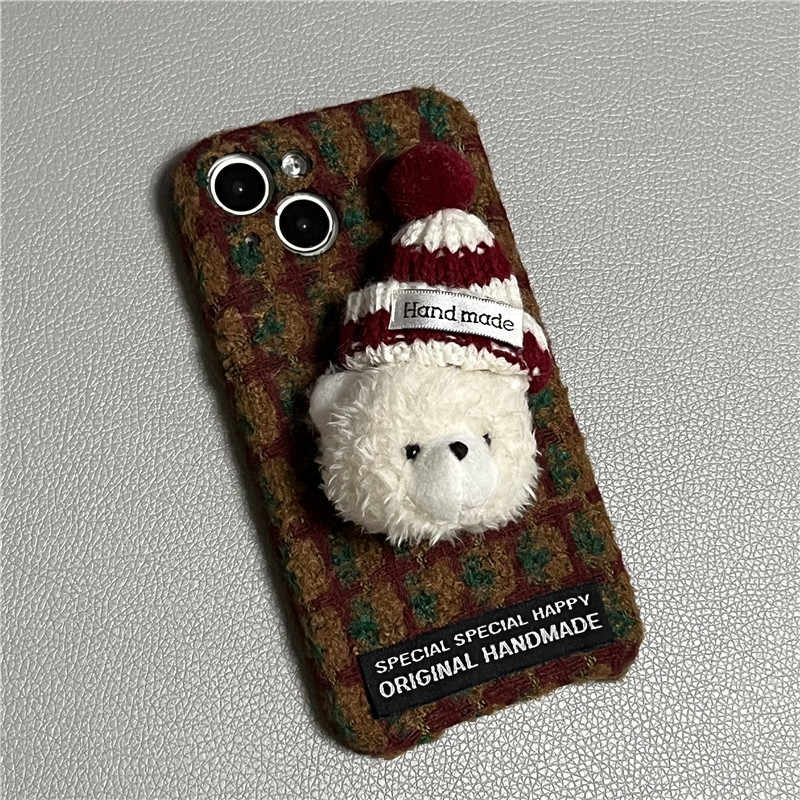 Handmade plush plaid iPhone case with white bear in red-and-white knit hat, camera cutouts