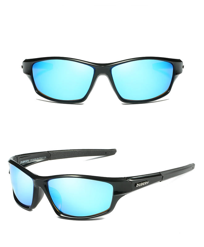 Men's polarized sports sunglasses, black frame, blue mirrored lenses