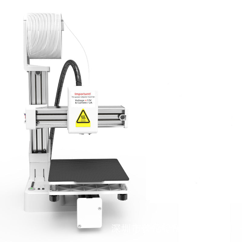 White portable 3D printer with power adaptor and UK plug, shown with adapter and cable