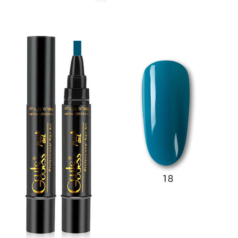 Nail gel polish pen with teal cap and teal blue nail swatch, color 18