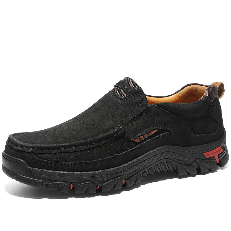 Men's outdoor leather shoes, black slip-on with elastic side panels and textured tread sole