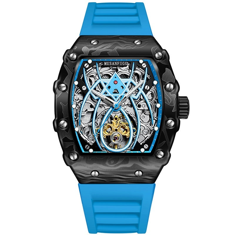 Automatic mechanical watch with sky blue silicone strap, blue skeleton dial