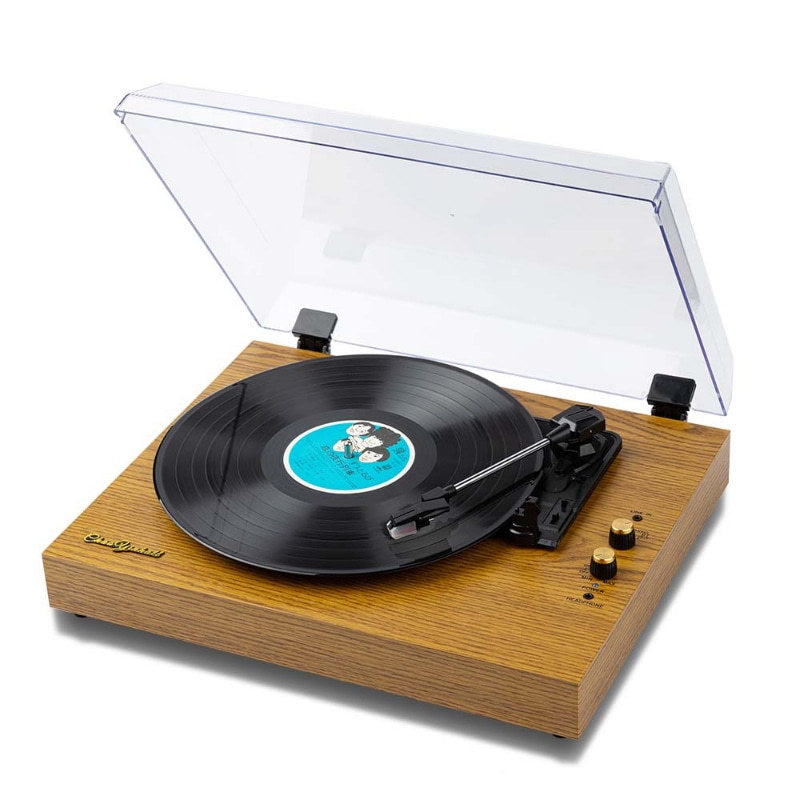 Retro Bluetooth vinyl record player with open dust cover, black vinyl with blue center label