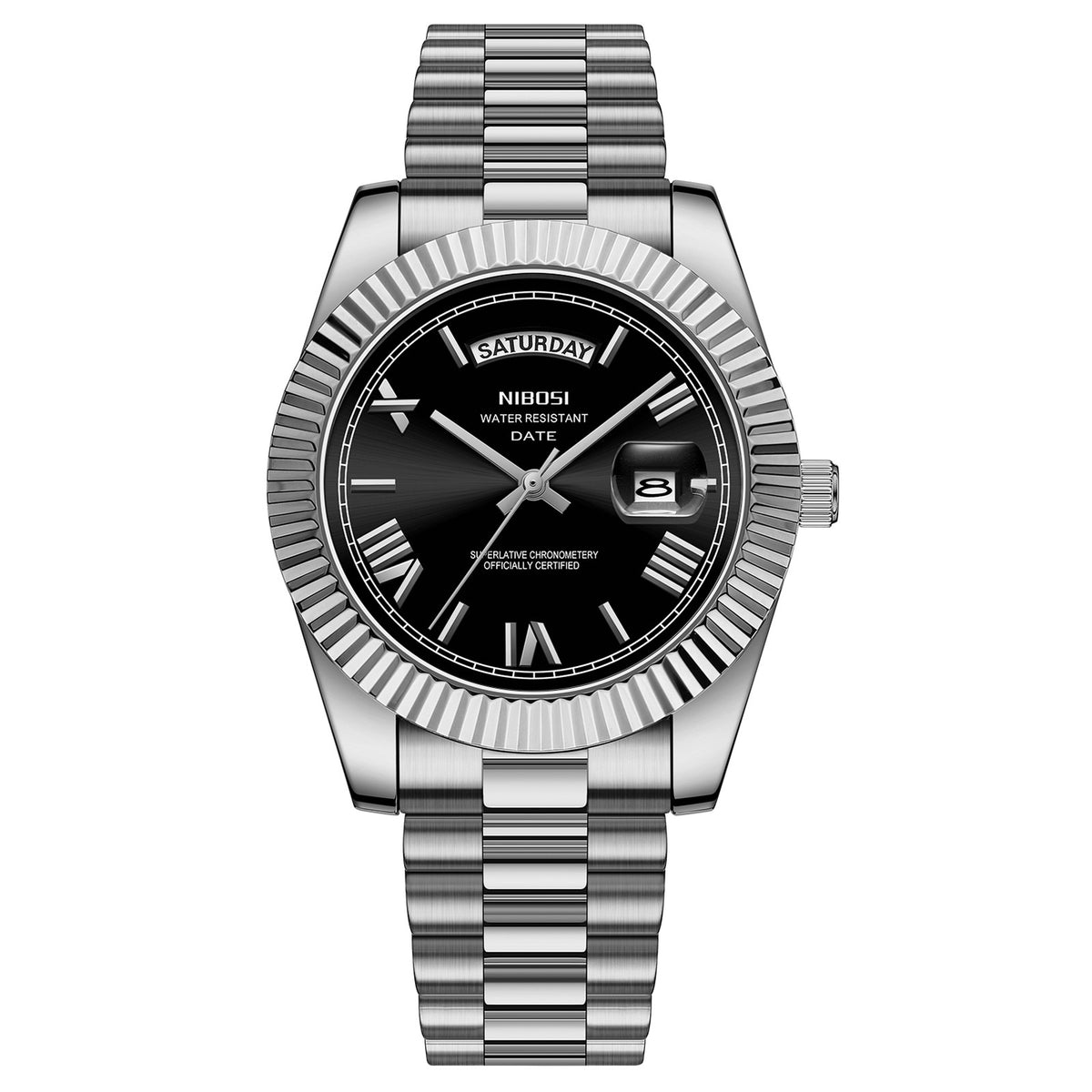 Men's quartz watch with silver steel bracelet, black dial, gold hands and day-date window