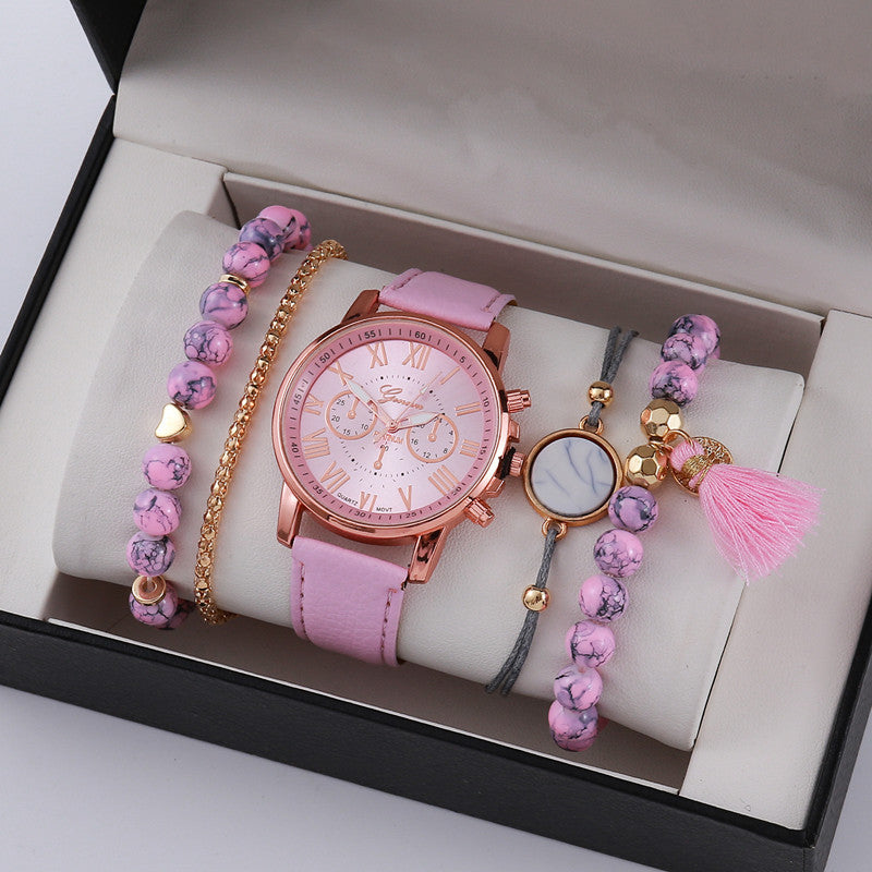 Ladies quartz watch set with rose-gold dial, pink leather strap, beaded bracelets and tassel