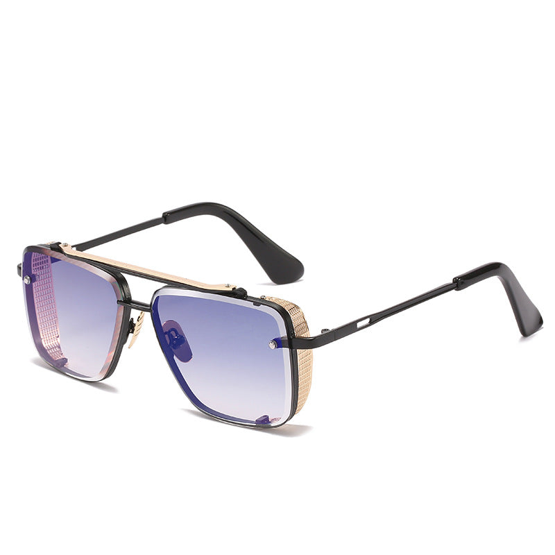 Unisex retro metal mesh edge sunglasses with black frame and violet tinted lenses.
