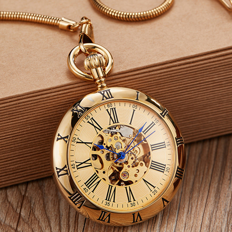 Gold mechanical pocket watch featuring Roman numerals and ornate chain loop