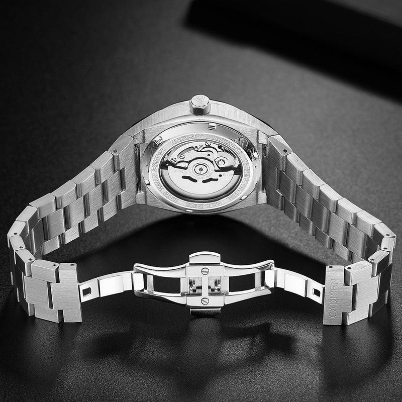 Stainless steel automatic mechanical watch showing clasp and bracelet links.
