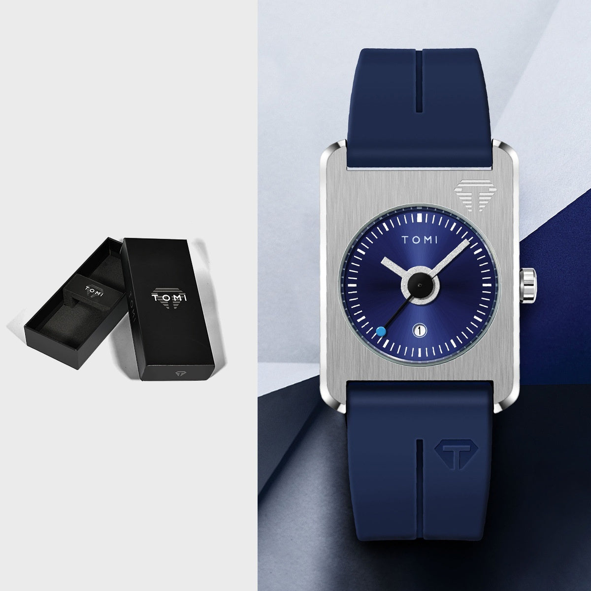 Unisex square quartz watch with calendar, blue dial and silver case, blue silicone strap