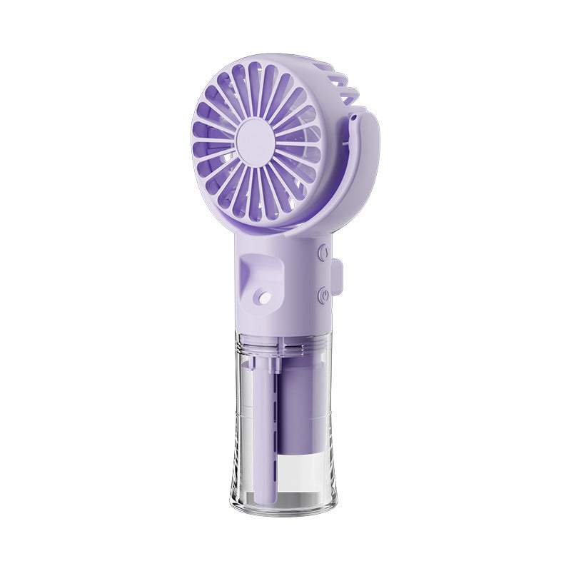 Purple spray fan with round grille, transparent mist chamber, and clip handle