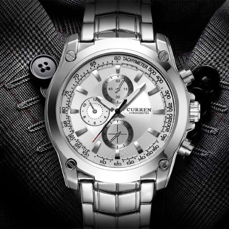 Men's business quartz watch with silver alloy bracelet and white multi-dial face