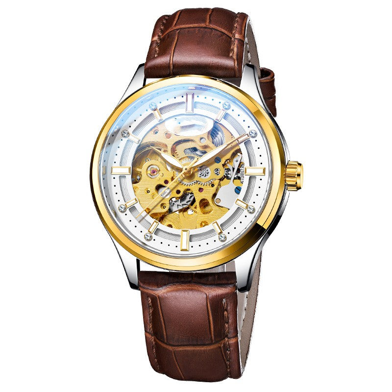 Wristwatch with brown leather strap and gold case on white background