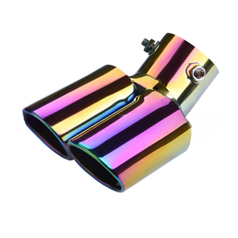 Dual stainless steel exhaust muffler tips with rainbow iridescent finish and mounting bolts