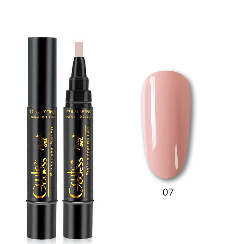 Nail glue pen with light pink cap and pink gel swatch labeled 07