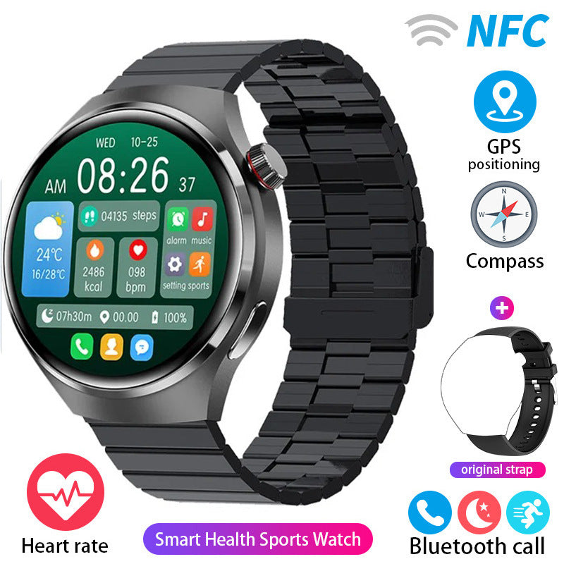 Black round smartwatch with black link bracelet and green information display
