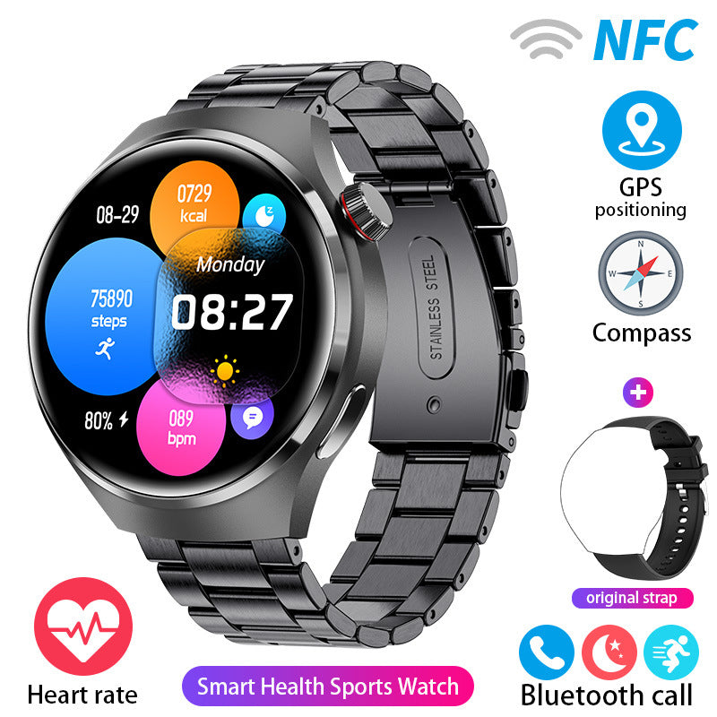 Dark round smartwatch with link bracelet and colorful activity circles on the screen