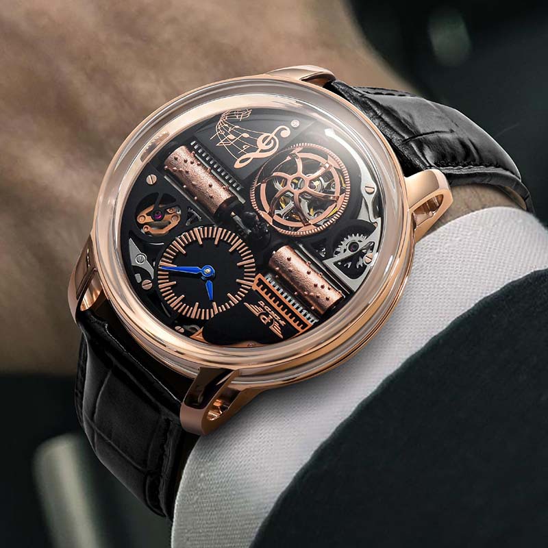 Silver skeleton mechanical watch with blue dial, black leather strap, close side view