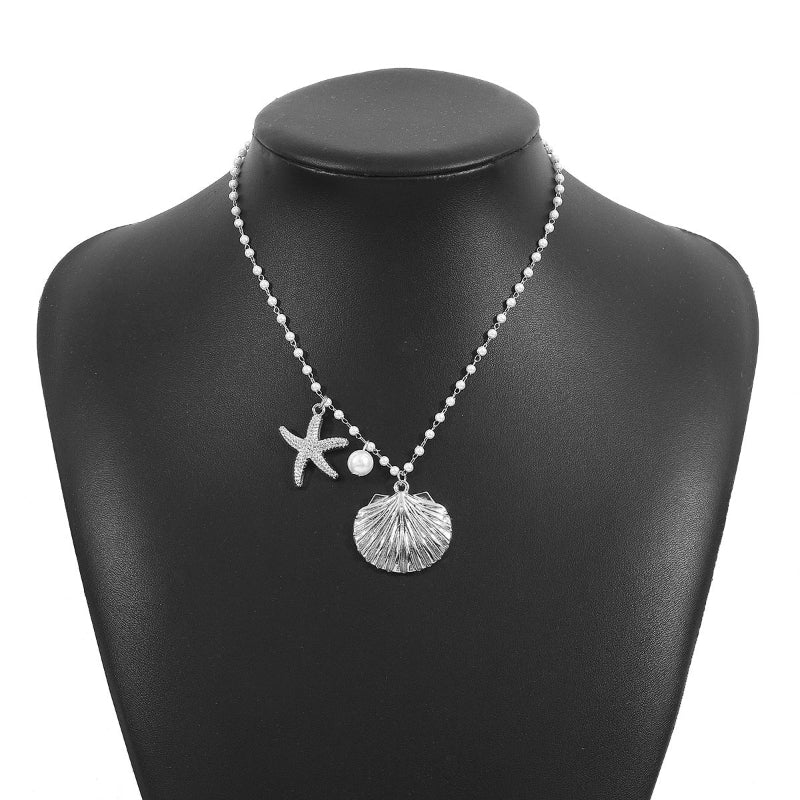 Silver starfish and shell pearl necklace with bead chain