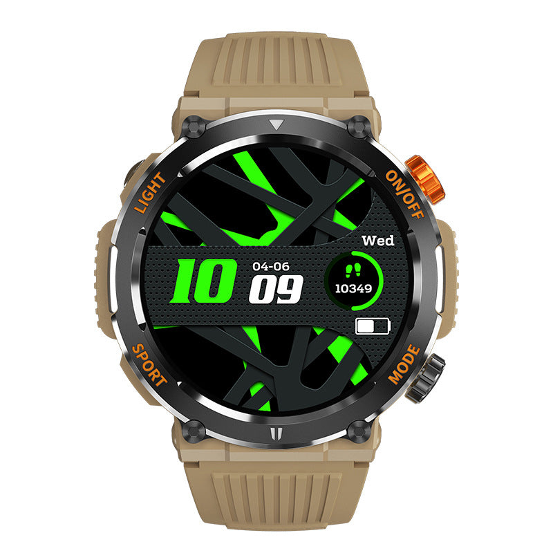 Beige sport smartwatch with round face, bright green display accents, rubber strap