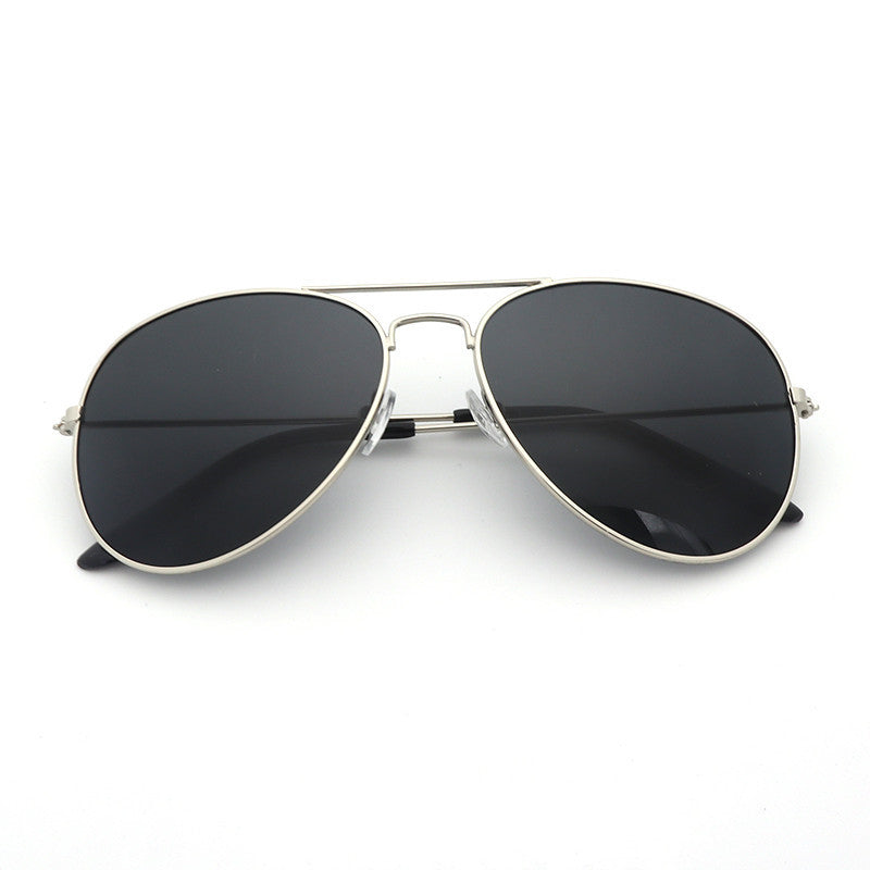 Silver aviator sunglasses with dark lenses, centered front view