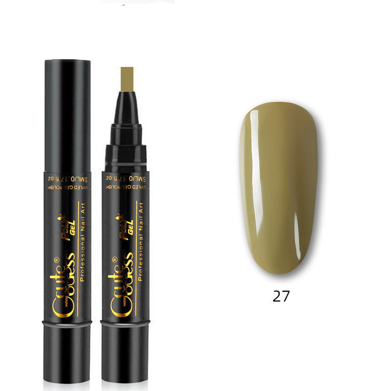 Beige nail glue pen with applicator tip and beige nail swatch, shade 27