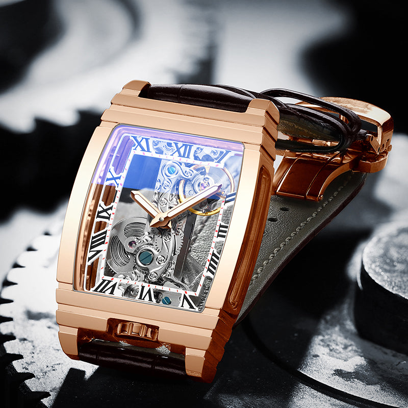 Rose gold skeleton mechanical watch with black leather strap and blue openwork dial