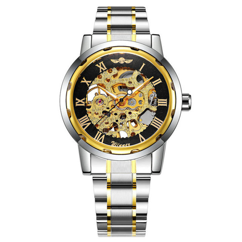 Mechanical watch front view with black dial, gold skeleton movement, and steel bracelet