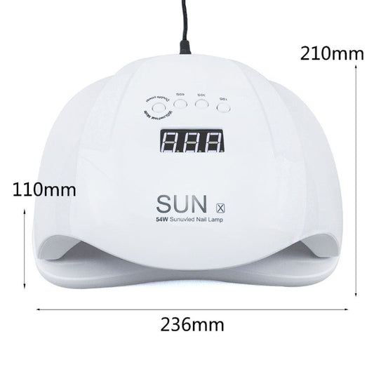 White nail lamp with dimensions labeled on a white background