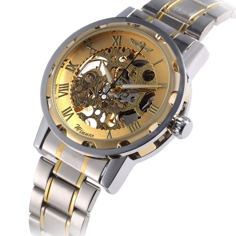 Gold mechanical skeleton watch with Roman numeral markers, two-tone metal bracelet