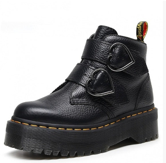 Women's thick-soled boots, black upper with heart-shaped buckles and lace loops