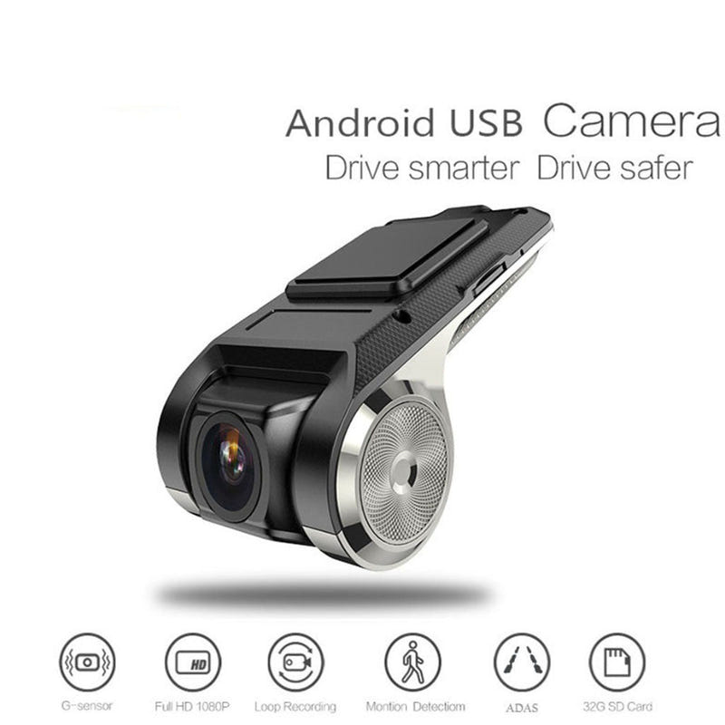 Black car dash camera with front lens, circular speaker grille, and top panel
