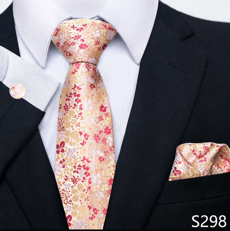 Men's formal tie and pocket square set, cream with red floral pattern