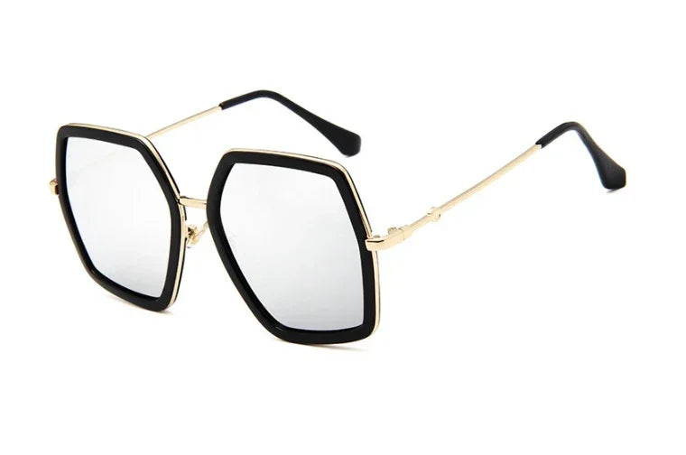 Women’s fashion sunglasses with black frames and clear/white tinted lenses