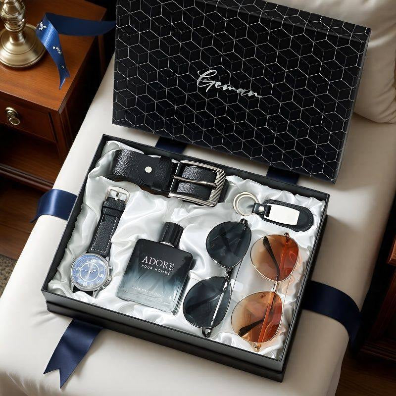 Men's gift set with watch, belt, perfume, sunglasses, and keychain