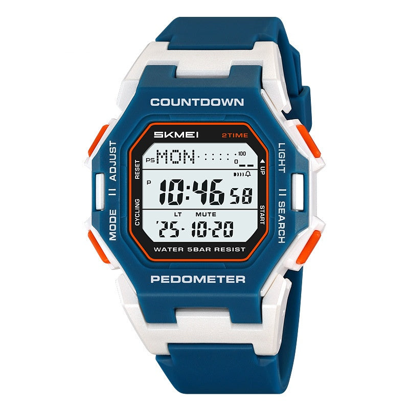 Front view of a blue-and-white SKMEI digital sports watch with orange side buttons