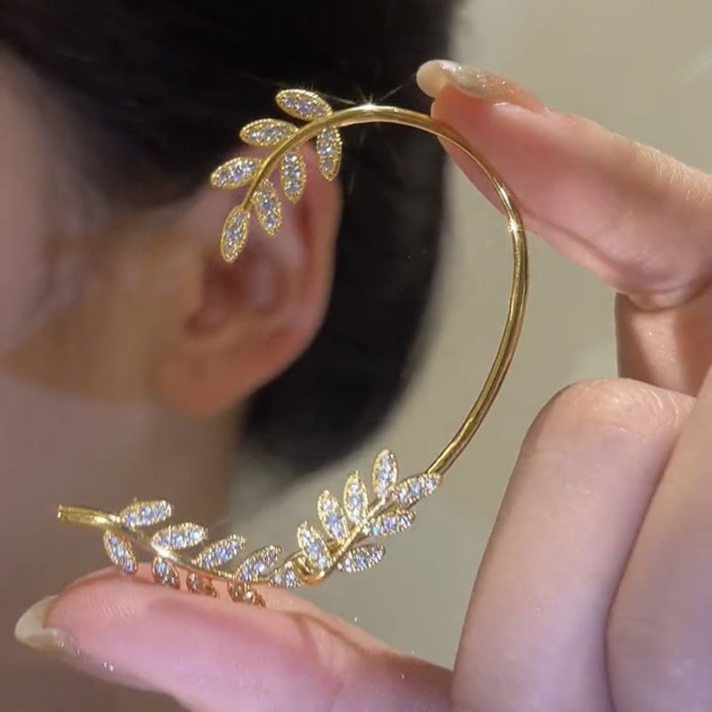 Gold leaf zircon hoop earrings with dangling floral clusters