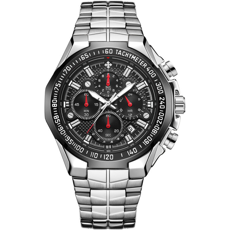 Silver-tone steel-strap quartz watch with black dial and red subdial hands