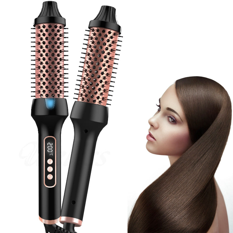 Pair of heated hair styling brushes with pink bristle barrels and black handles.