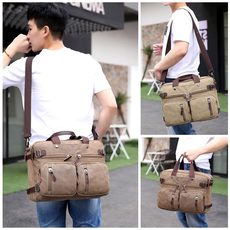 Canvas bag in coffee brown with top handles, front pockets, and adjustable shoulder strap