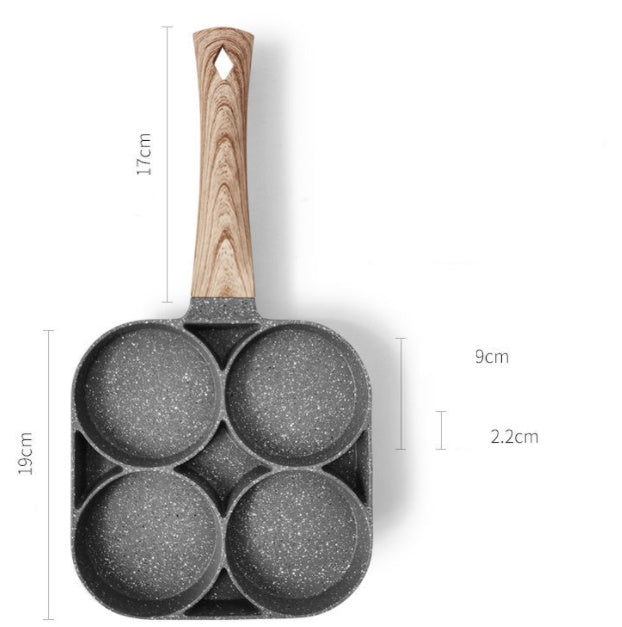 Four-hole frying pan with wooden handle with size measurements
