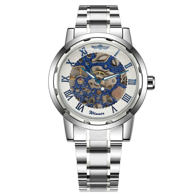 Mechanical wristwatch with stainless steel bracelet, blue skeleton dial, Roman numerals