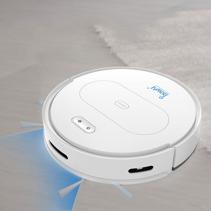 White round sweeping robot with top control buttons and housing panel