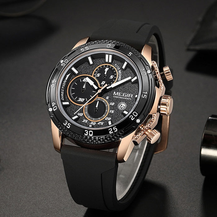 Men's sport quartz watch with black silicone strap and black dial, rose-gold details