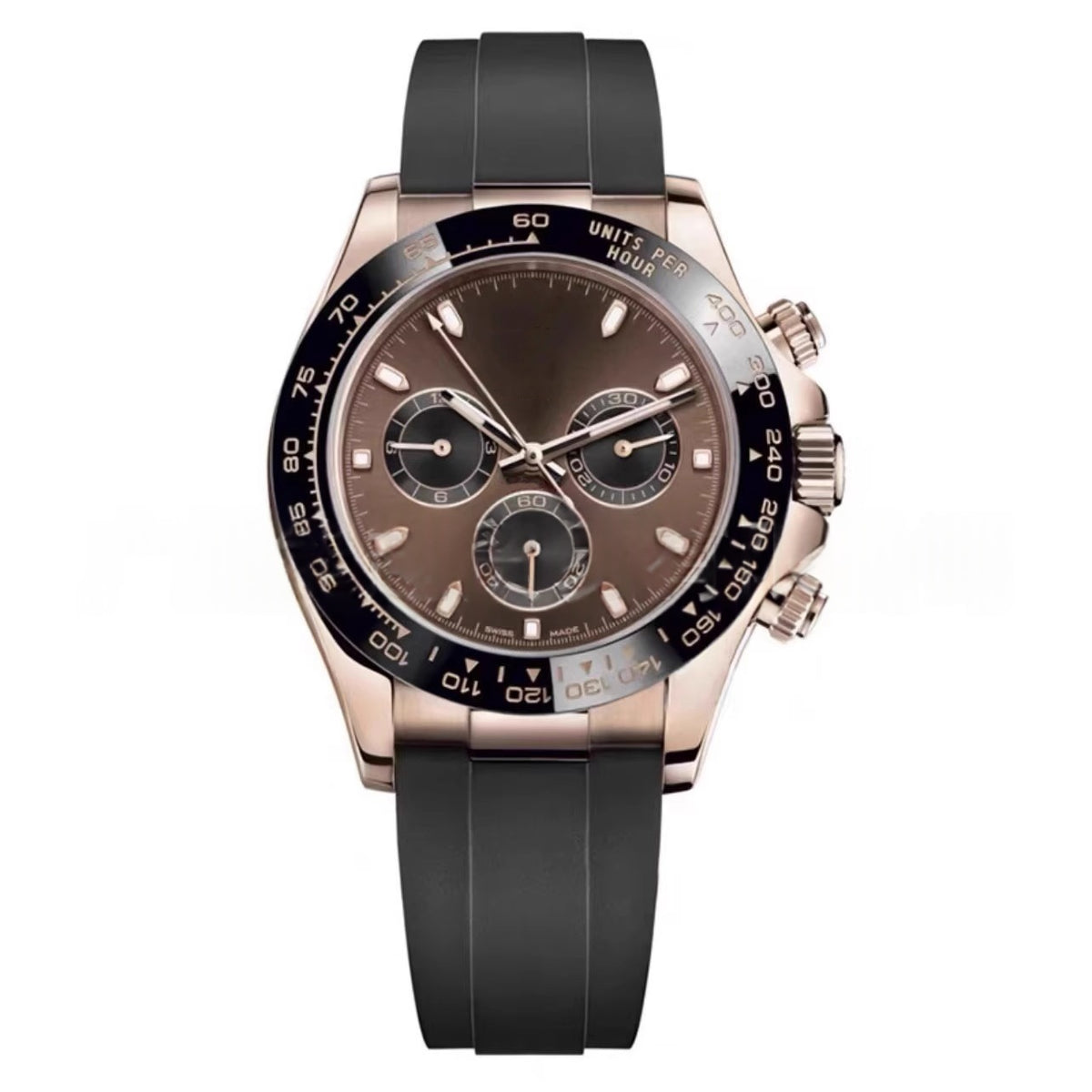 Mechanical wristwatch on black rubber strap, rose-gold case; brown dial with 3 subdials