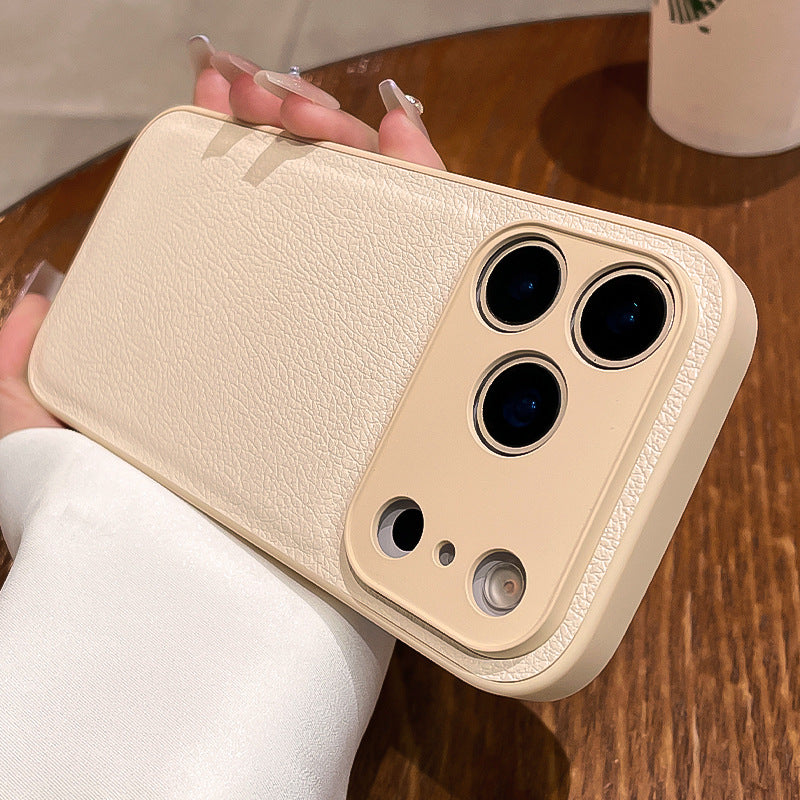 Cream textured phone case with raised camera bump and cutouts for lenses and flash.